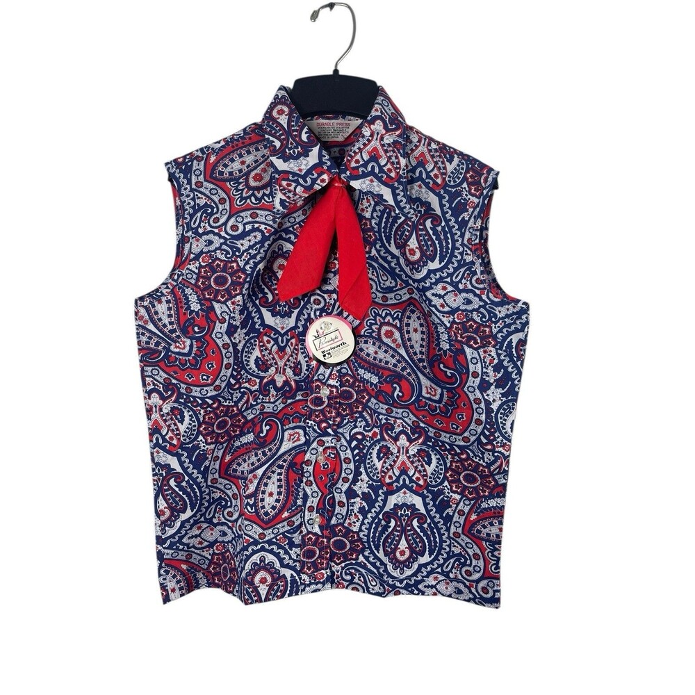 VTG 60s Woolworth Primstyle Blouse NWT Red White Blue Paisley Made in Japan M